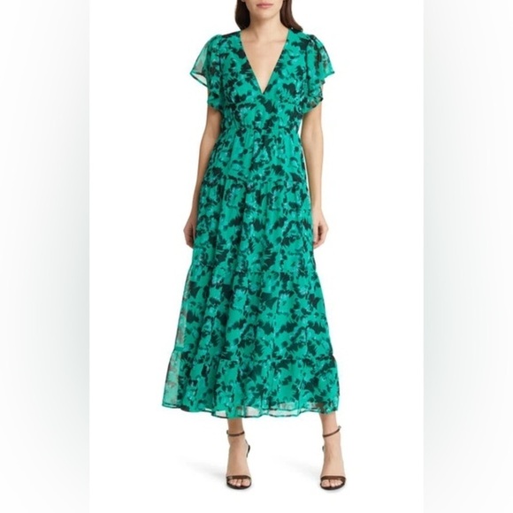 CHELSEA28 Floral Flutter Sleeve Tiered Chiffon Maxi Dress NWT Small - Picture 1 of 11